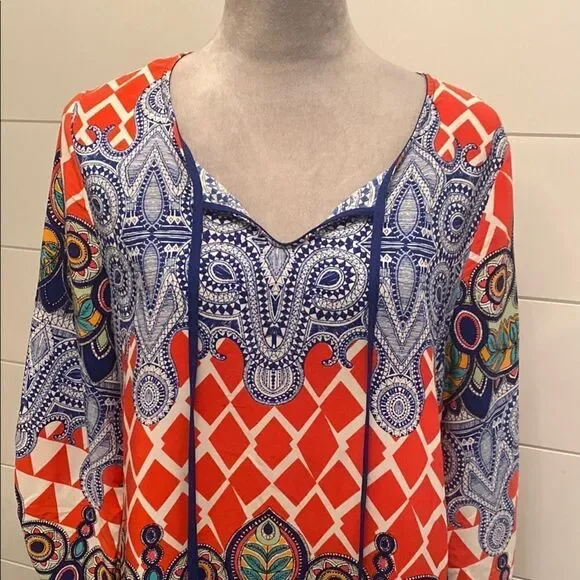 West Kei Orange and Blue Resort Wear Sundress with 3/4 Bishop Sleeves - Picture 2 of 10